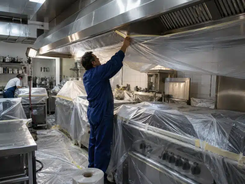 Protezione della cucina prima dello sgrassaggio della cappa in un ristorante di Modena – AirBio