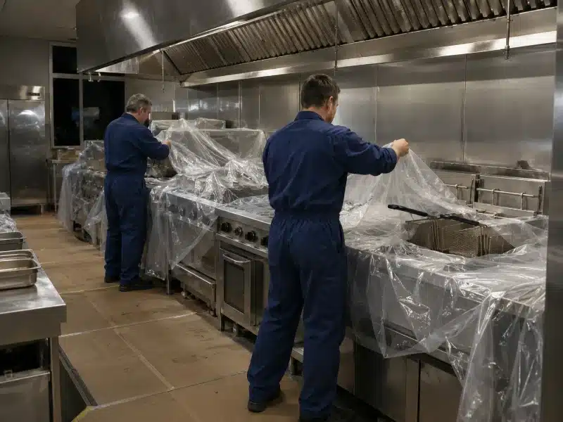 Protezione della cucina prima dello sgrassaggio della cappa in un ristorante di Padova – AirBio