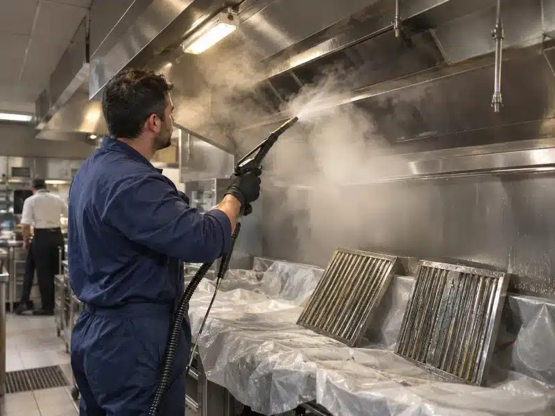 Sgrassaggio di filtri e cappa con vapore in un ristorante di Padova – AirBio