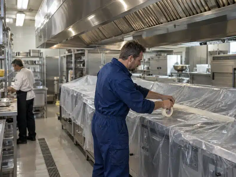 Protezione della cucina prima dello sgrassaggio della cappa in un ristorante di Parma – AirBio