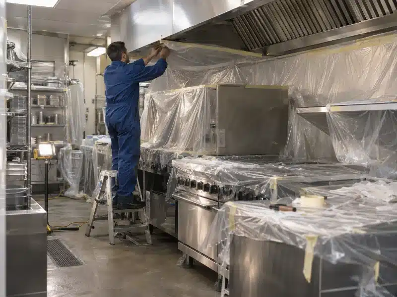 Protezione della cucina prima dello sgrassaggio della cappa in un ristorante di Torino – AirBio
