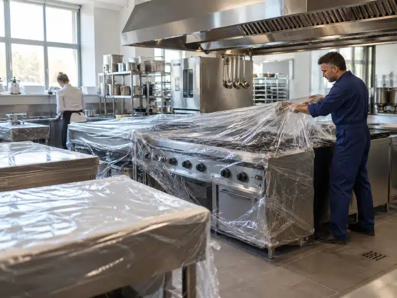 Protezione della cucina prima dello sgrassaggio della cappa in un ristorante di Venezia – AirBio