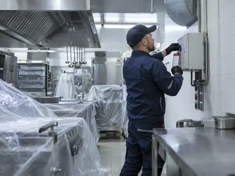 Protezione della cucina prima dello sgrassaggio della cappa in un ristorante di Verona – AirBio
