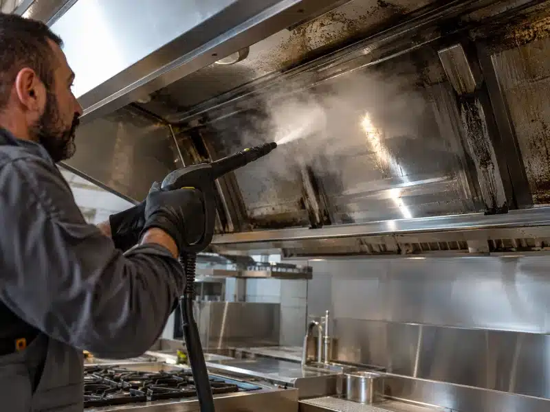 Sgrassaggio a vapore dell’interno della cappa professionale di una cucina – AirBio
