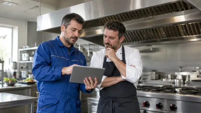 Tecnico AirBio illustra a un ristoratore il preventivo per la pulizia della cappa industriale della sua cucina
