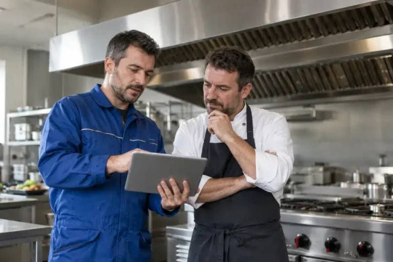 Tecnico AirBio illustra a un ristoratore il preventivo per la pulizia della cappa industriale della sua cucina