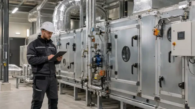 Tecnico manutentore controlla registro davanti a unita di trattamento aria