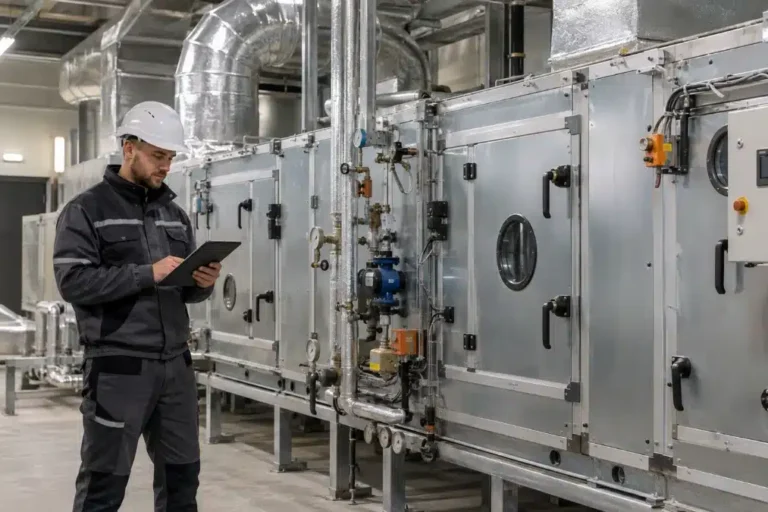 Tecnico manutentore controlla registro davanti a unita di trattamento aria