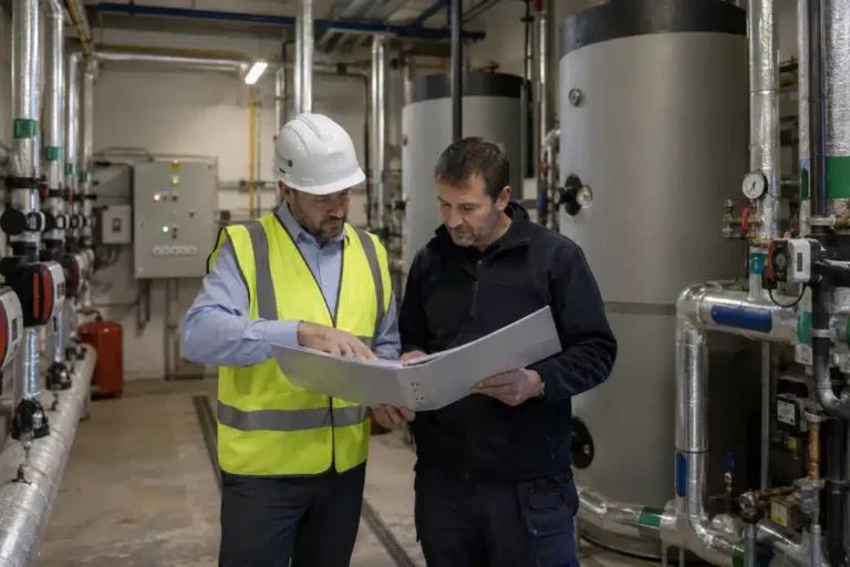 Responsabile sicurezza e tecnico verificano la responsabilita penale legionella in centrale termica