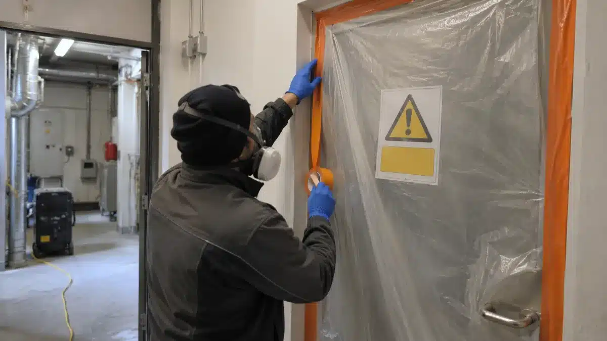 Tecnico sigilla l'ingresso di un locale tecnico prima dell'avvio del generatore di ozono per il trattamento della condotta aeraulica