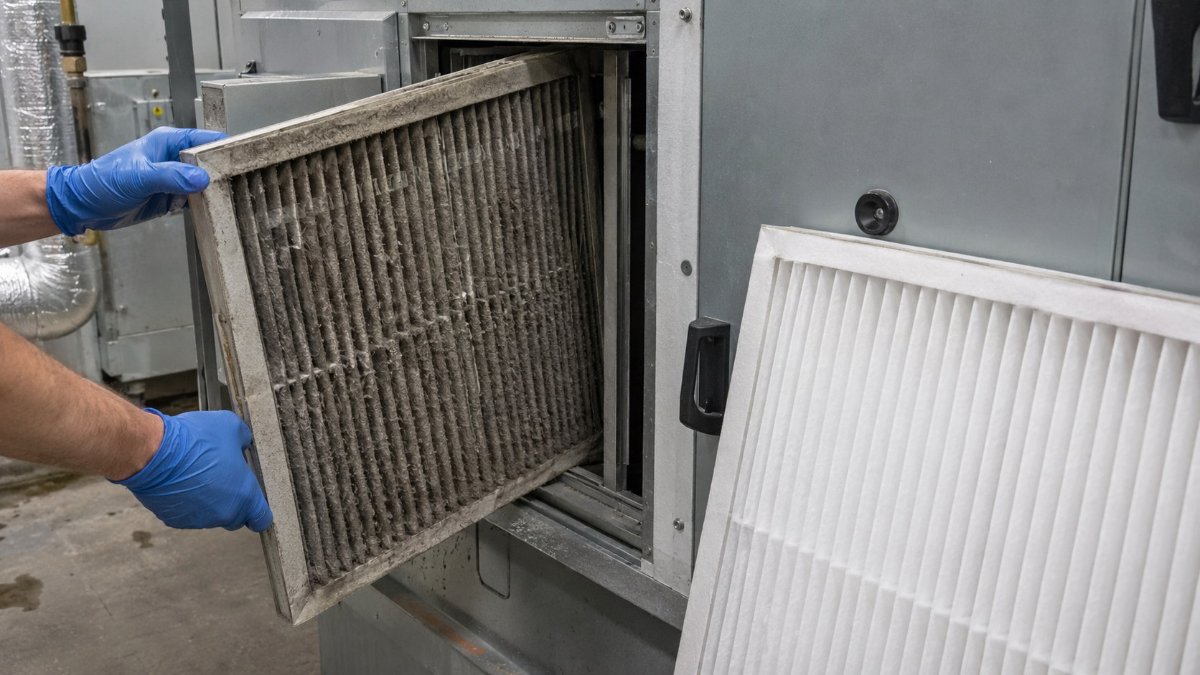 mani con guanti in nitrile estraggono un filtro a pieghe intasato di polvere dalla sezione filtrante di una UTA