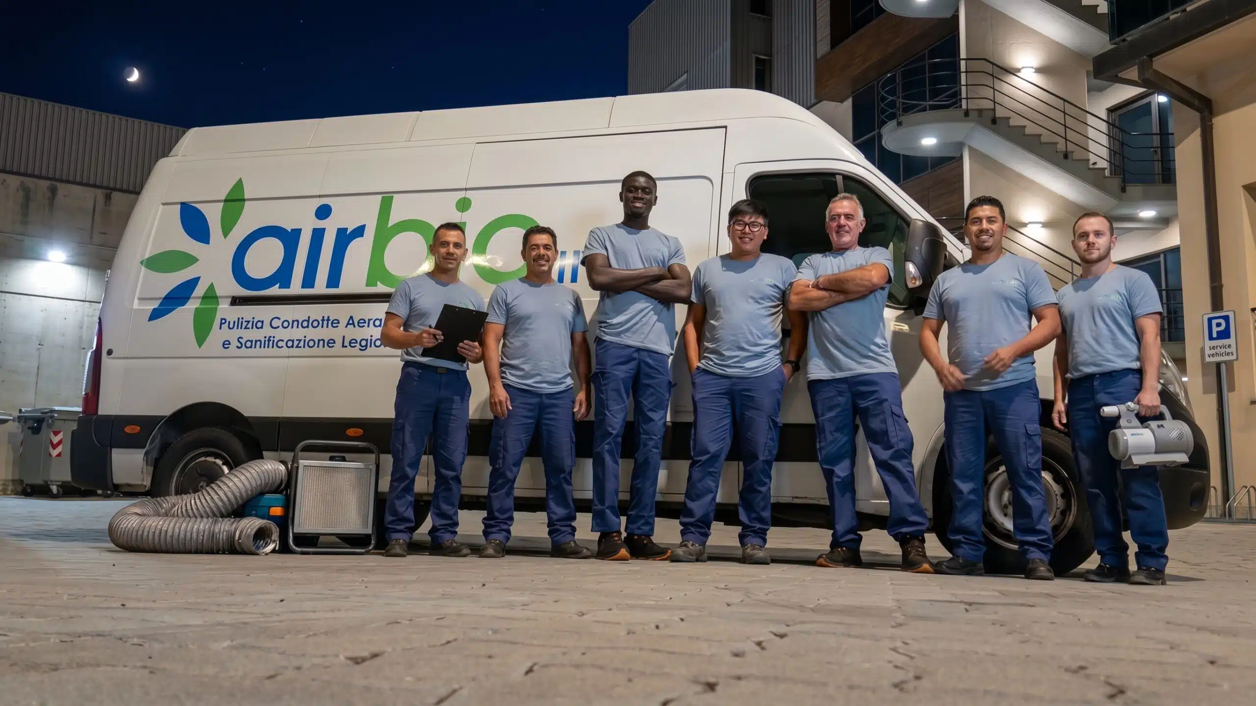 Squadra di tecnici AirBio con furgoni attrezzati per la sanificazione di condotte aerauliche e impianti