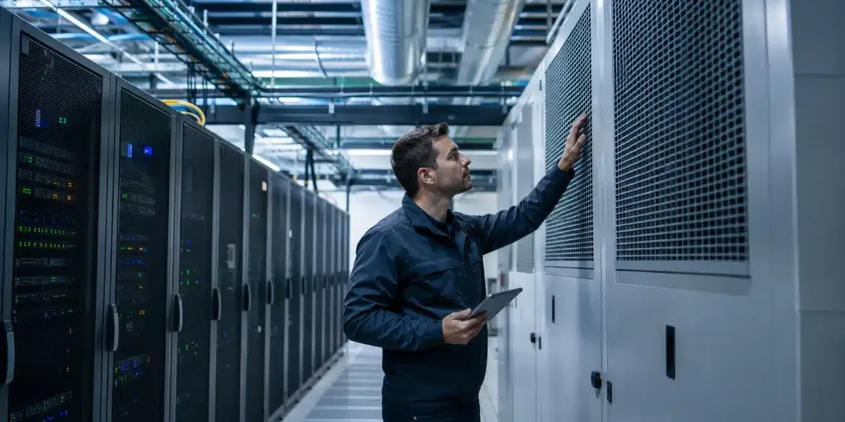Tecnico controlla un'unità di trattamento aria in un data center vicino a rack server durante un intervento di manutenzione delle condotte