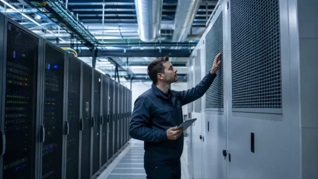Manutenzione condotte aria data center Tecnico controlla un'unità di trattamento aria in un data center vicino a rack server durante un intervento di manutenzione delle condotte