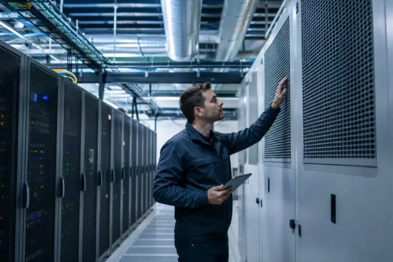 Tecnico controlla un'unità di trattamento aria in un data center vicino a rack server durante un intervento di manutenzione delle condotte