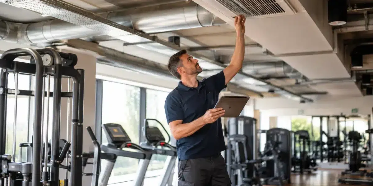 Pulizia condotte aria palestra Tecnico ispeziona una bocchetta di aerazione a soffitto in una palestra durante un intervento di pulizia delle condotte aeree
