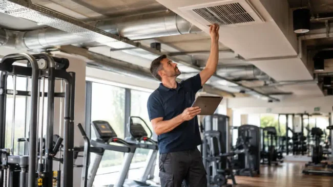 Pulizia condotte aria palestra Tecnico ispeziona una bocchetta di aerazione a soffitto in una palestra durante un intervento di pulizia delle condotte aeree