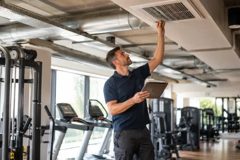 Tecnico ispeziona una bocchetta di aerazione a soffitto in una palestra durante un intervento di pulizia delle condotte aeree
