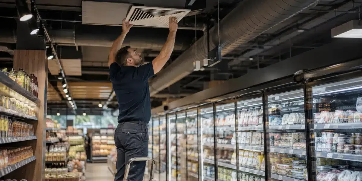 Sanificazione condotte aerauliche supermercato Tecnico ispeziona una bocchetta di aerazione a soffitto in un supermercato durante un intervento di sanificazione delle condotte aerauliche
