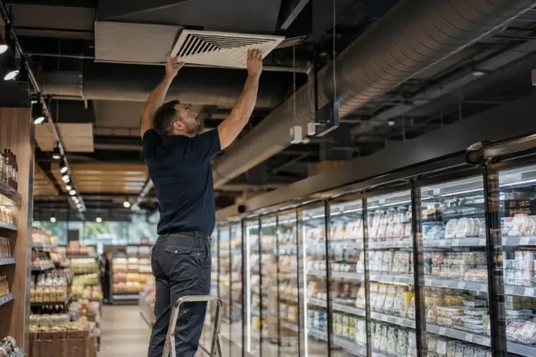 Tecnico ispeziona una bocchetta di aerazione a soffitto in un supermercato durante un intervento di sanificazione delle condotte aerauliche
