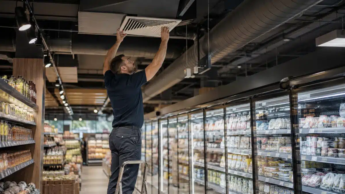 Tecnico ispeziona una bocchetta di aerazione a soffitto in un supermercato durante un intervento di sanificazione delle condotte aerauliche