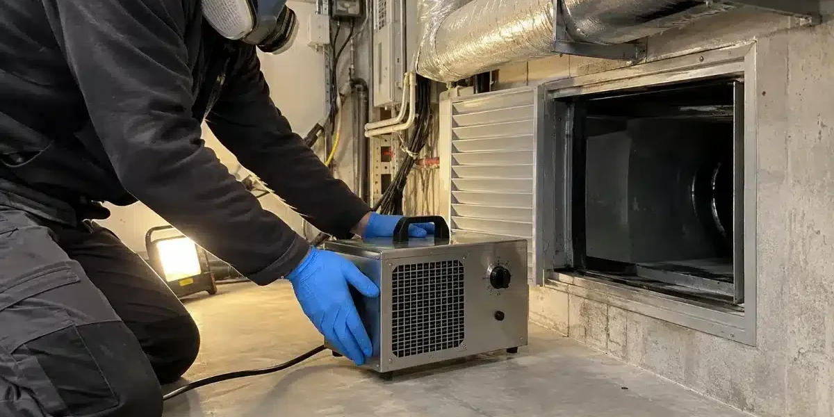 Trattamento ozono condotte aerauliche: posizionamento del generatore tecnico con semimaschera posiziona un generatore di ozono portatile davanti a una bocchetta di ventilazione per il trattamento ozono delle condotte aerauliche