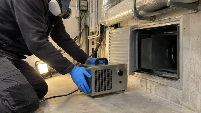 Trattamento ozono condotte aerauliche: posizionamento del generatore tecnico con semimaschera posiziona un generatore di ozono portatile davanti a una bocchetta di ventilazione per il trattamento ozono delle condotte aerauliche