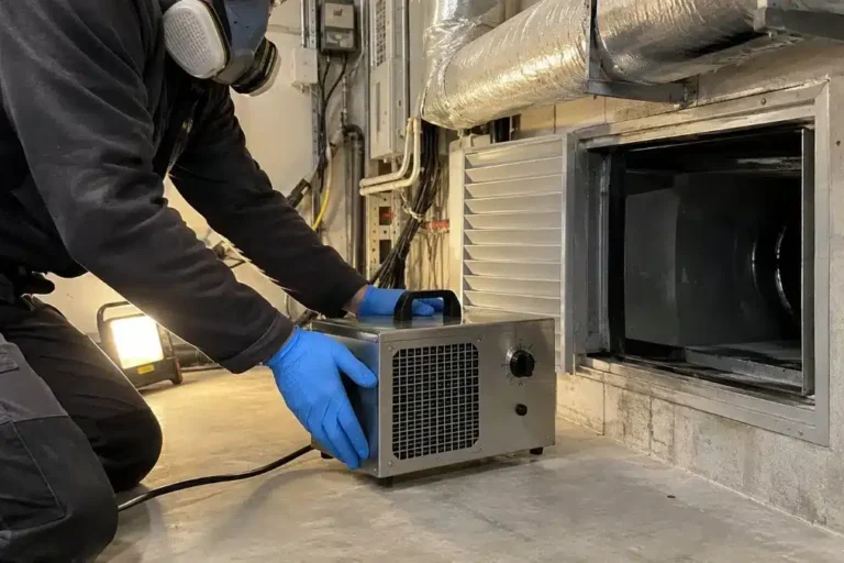 tecnico con semimaschera posiziona un generatore di ozono portatile davanti a una bocchetta di ventilazione per il trattamento ozono delle condotte aerauliche
