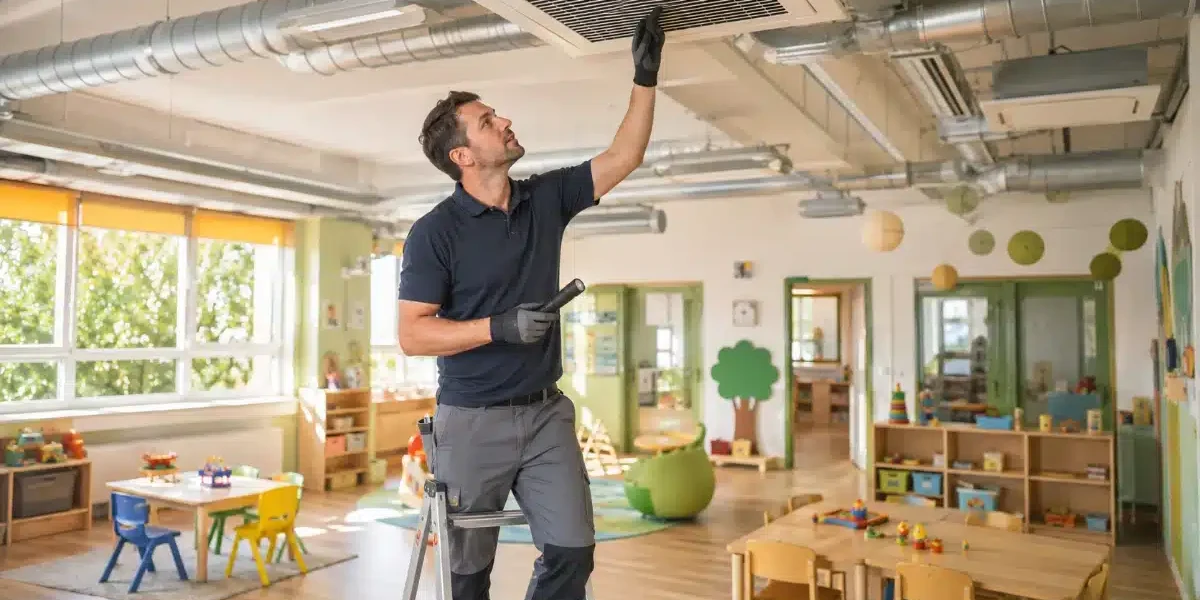 Ventilazione asilo nido Tecnico ispeziona una bocchetta di ventilazione a soffitto in un'aula di asilo nido durante un controllo dell'impianto