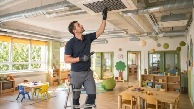 Ventilazione asilo nido Tecnico ispeziona una bocchetta di ventilazione a soffitto in un'aula di asilo nido durante un controllo dell'impianto