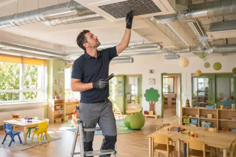 Tecnico ispeziona una bocchetta di ventilazione a soffitto in un'aula di asilo nido durante un controllo dell'impianto