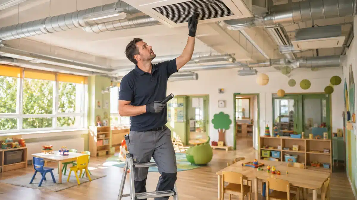 Tecnico ispeziona una bocchetta di ventilazione a soffitto in un'aula di asilo nido durante un controllo dell'impianto